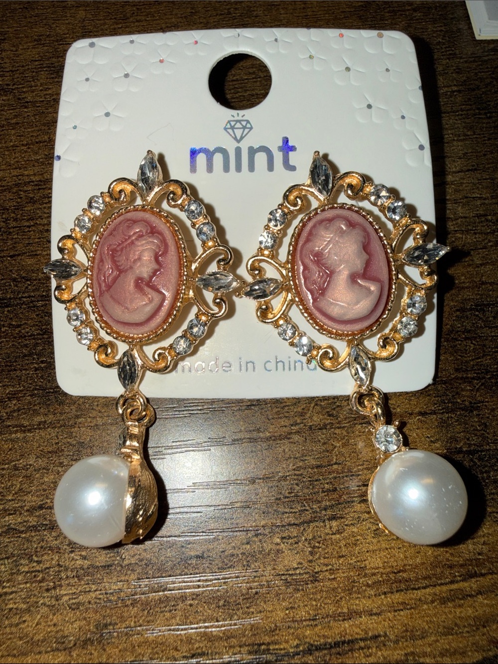 Mint Rose Cameo Pearl Drop Earrings in Gold Tone